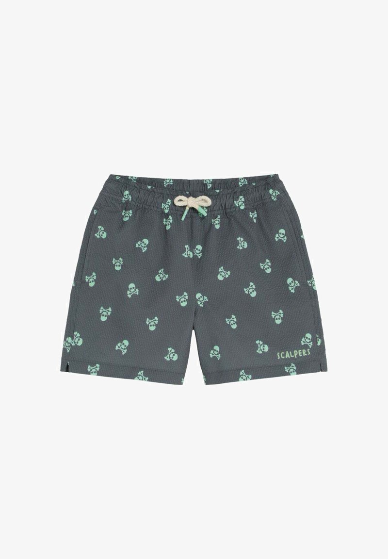 Dunkelgraue Herren-Badeshorts mit mintgrünem Totenkopf- und Knochenmuster, Kordelzugbund und „Scalpers“-Aufdruck nahe dem Saum.