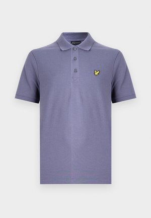 Purple polo shirt with a three-button placket, short sleeves, and a small yellow bird logo on the left chest. Cotton blend fabric.