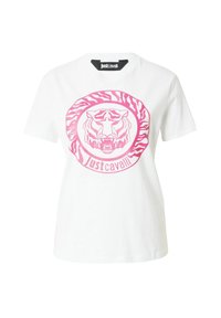 Hvid T-shirt med et stort pink tiger grafik i et cirkulært design med et stribemønster omkring cirklen. Mærke: Just Cavalli.