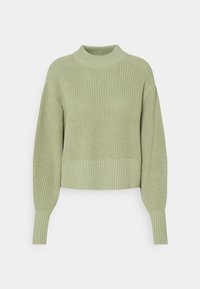 Pull tricoté vert clair avec col montant, manches longues et poignets et ourlet côtelés. Présente une coupe ample et courte avec un motif texturé.