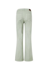 Light green flared jeans with a smooth texture, featuring back pockets and a waistband tag. The hem is slightly wide.