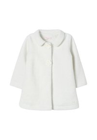 Cappotto bianco in misto lana con colletto arrotondato, maniche a tre quarti e bottoni floreali; presenta un tessuto texture e una silhouette a trapezio.