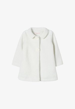 Cappotto bianco in misto lana con colletto arrotondato, maniche a tre quarti e bottoni floreali; presenta un tessuto texture e una silhouette a trapezio.