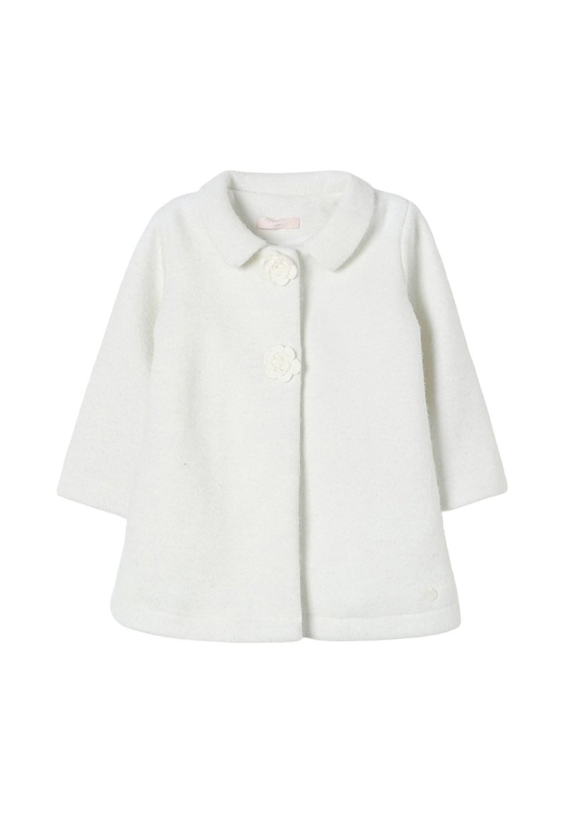 Cappotto bianco in misto lana con colletto arrotondato, maniche a tre quarti e bottoni floreali; presenta un tessuto texture e una silhouette a trapezio.