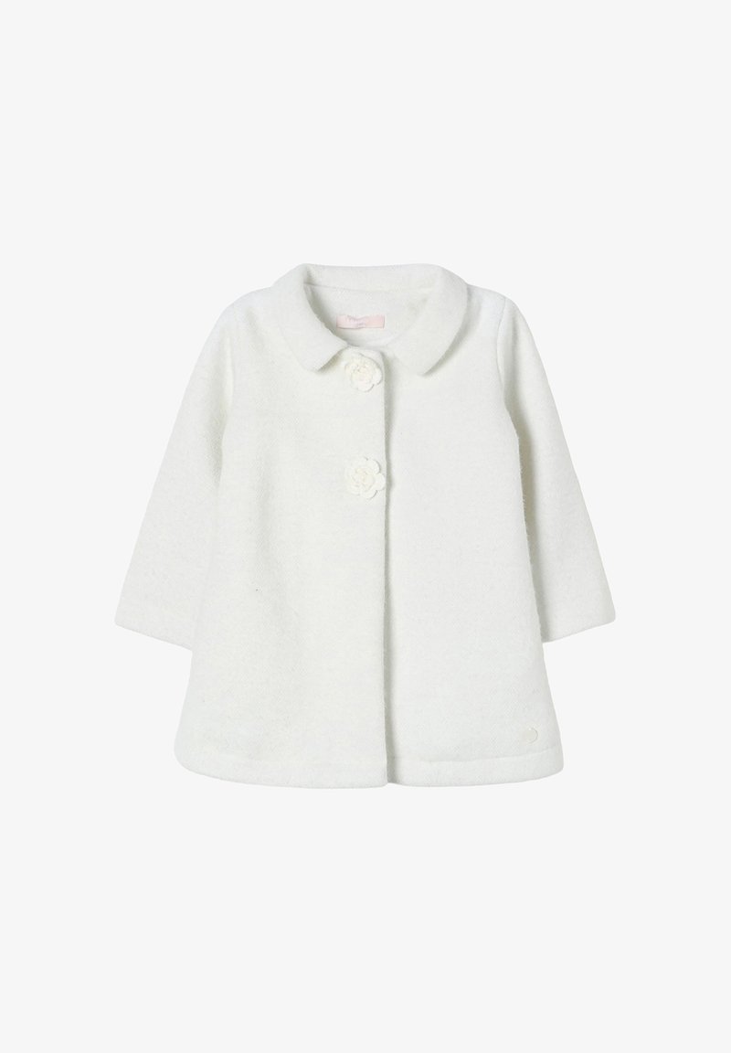 Cappotto bianco in misto lana con colletto arrotondato, maniche a tre quarti e bottoni floreali; presenta un tessuto texture e una silhouette a trapezio.