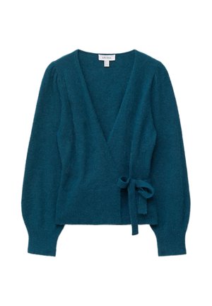 Teal wrap cardigan with long sleeves, made from soft fabric. Features a tie at the waist and a deep V-neck for a flattering silhouette.
