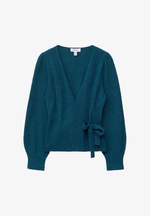 Türkiser Wickelcardigan mit langen Ärmeln, aus weichem Material hergestellt. Verfügt über einen Bindegürtel in der Taille und einen tiefen V-Ausschnitt für eine schmeichelhafte Silhouette.