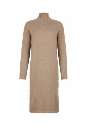 Sweter w kolorze beżowym z wysokim kołnierzem, długimi rękawami, prążkowanymi mankietami i detalami po bokach. Miękka tekstura, sukienka o średniej długości.