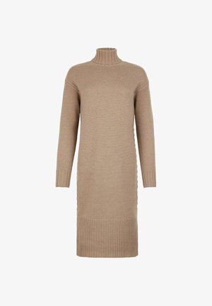 Beige Strick-Turtleneck-Kleid mit langen Ärmeln, geripptem Saum und Bündchen sowie seitlichen Details. Weiche Textur, knielanger Schnitt.