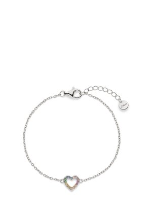 Silver chain bracelet with an open heart-shaped charm adorned with multicolored gemstones and a lobster clasp with adjustable links.