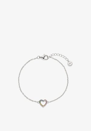 Bracelet chaîne en argent avec un pendentif en forme de cœur ouvert orné de pierres précieuses multicolores et un fermoir homard avec maillons réglables.