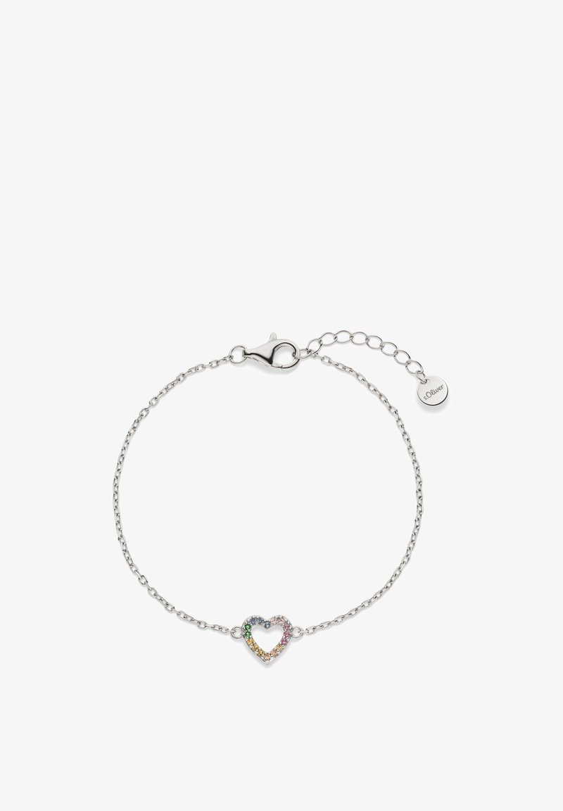 Sølvkædearmbånd med en åben hjerteformet vedhæng dekoreret med flerfarvede ædelsten og en lås med justerbare led.