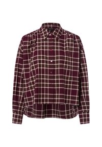 Koszula z długim rękawem, zapinana na guziki, w bordo i brązową kraciastą flanelę. Posiada klasyczny kołnierzyk oraz skrócony krój z zaokrąglonym dołem.