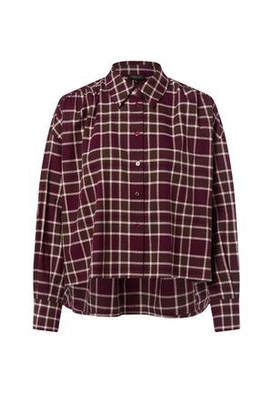 Chemise à manches longues avec un motif écossais marron et bordeaux. Caractéristiques d'un col classique et d'un design court avec un ourlet arrondi.