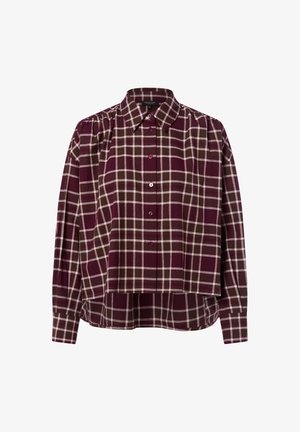 Chemise à manches longues avec un motif écossais marron et bordeaux. Caractéristiques d'un col classique et d'un design court avec un ourlet arrondi.