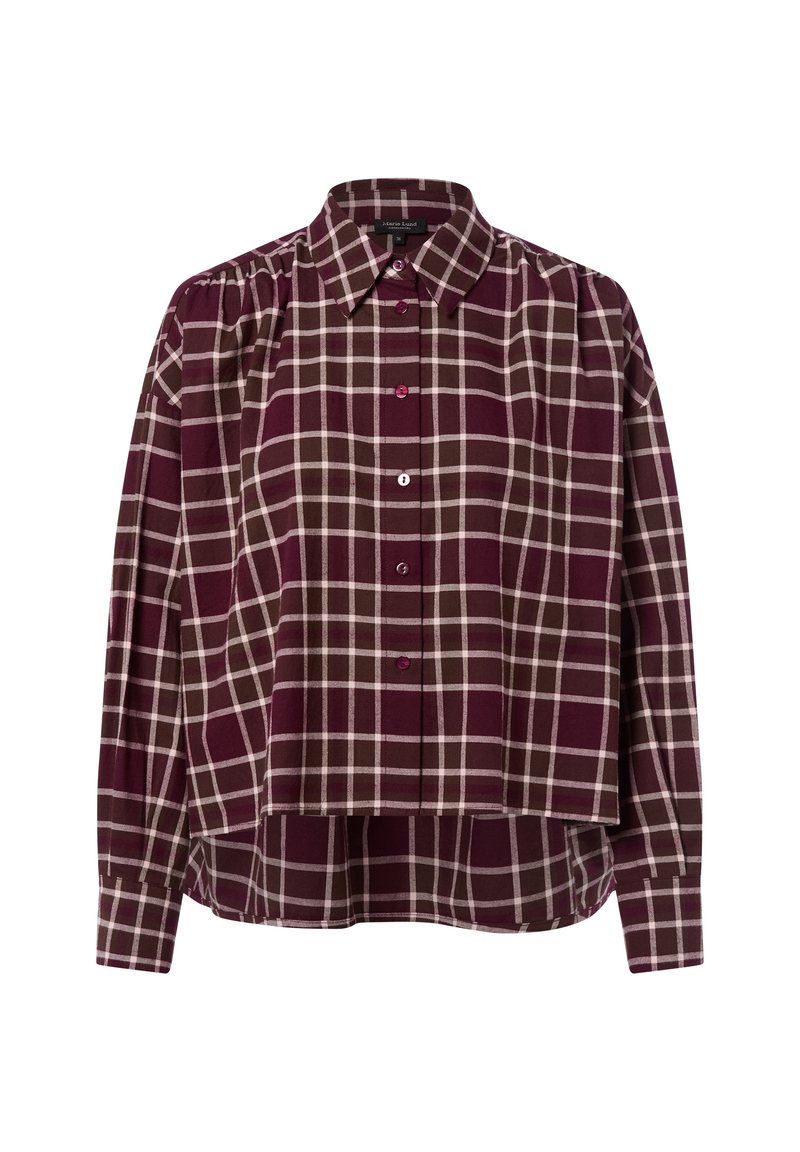 Koszula z długim rękawem, zapinana na guziki, w bordo i brązową kraciastą flanelę. Posiada klasyczny kołnierzyk oraz skrócony krój z zaokrąglonym dołem.