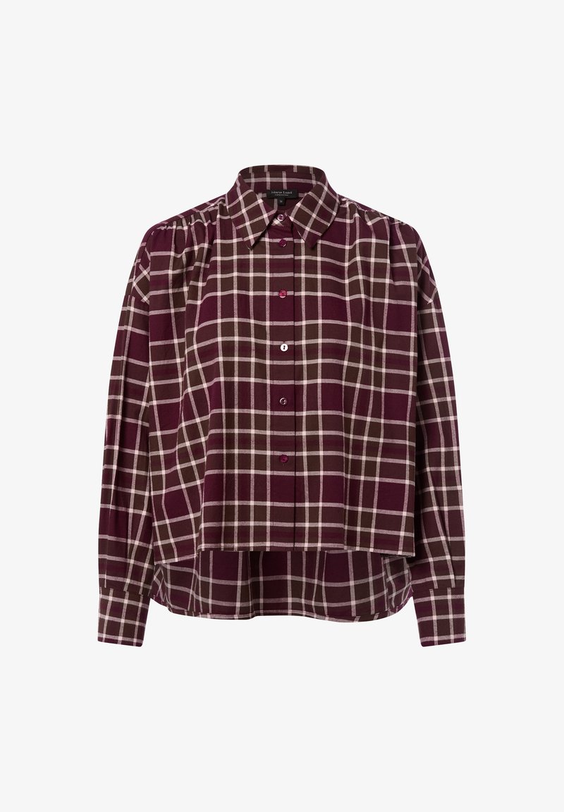 Koszula z długim rękawem, zapinana na guziki, w bordo i brązową kraciastą flanelę. Posiada klasyczny kołnierzyk oraz skrócony krój z zaokrąglonym dołem.