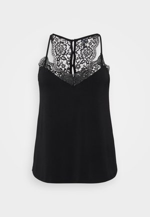 Top negro sin mangas con espalda de encaje y patrones florales, diseño de escote en V. Textura suave con un ajuste relajado.