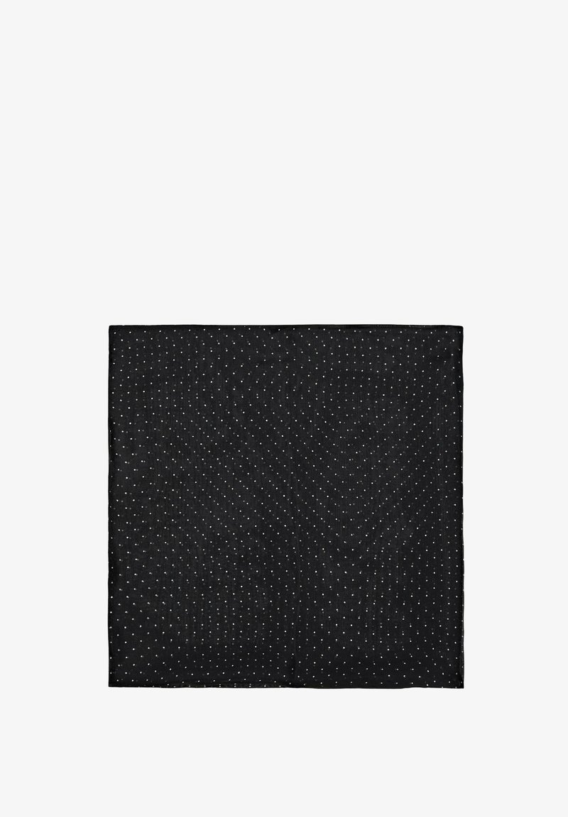 Écharpe noire en tissu doux avec une surface texturée, ornée de petits points blancs dispersés et d'un motif carré.
