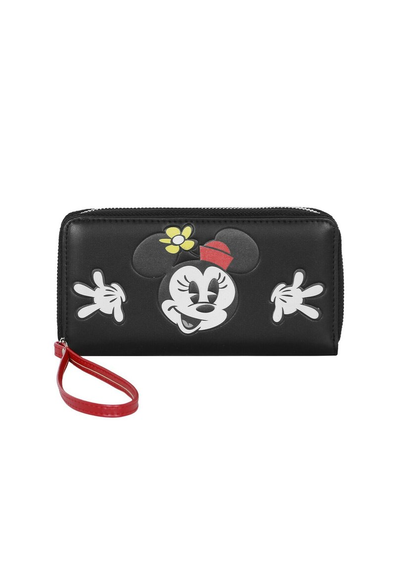 Cartera negra con diseño de Minnie Mouse que incluye una flor roja y un sombrero. Dispone de una correa para la muñeca roja y cierre con cremallera. Material duradero.