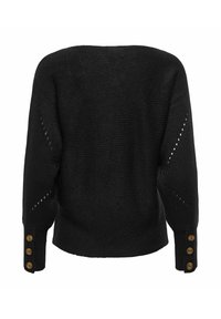 Maglione nero a maglia con un motivo texturizzato, spalle scese e bottoni sui polsini, con dettagli a lavorazione aperta lungo le maniche.
