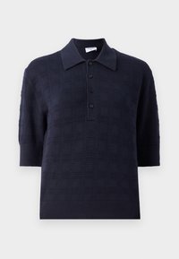 Polo a maniche corte blu navy con motivo a quadretti texturizzato, abbottonatura a cinque bottoni e colletto classico. Tessuto morbido a maglia.