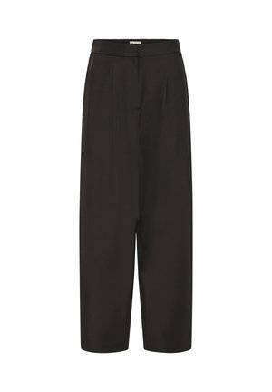 Mustad lühikesed püksid, mis on valmistatud siledast kangast, esiküljel voltidega ja elastse vöökohaga, pakuvad vooluva silueti.