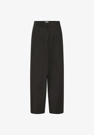 Mustad lühikesed püksid, mis on valmistatud siledast kangast, esiküljel voltidega ja elastse vöökohaga, pakuvad vooluva silueti.