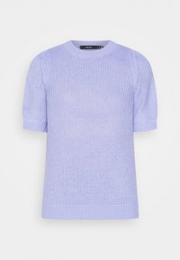 Hellvioletter, gestrickter Kurzarmpullover mit Rundhalsausschnitt und strukturierter Musterung, auf einem schlichten weißen Hintergrund präsentiert.