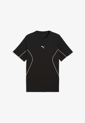 T-shirt de sport noir avec accents blancs, encolure ronde, manches courtes et tissu lisse. Présente le logo Puma sur la poitrine.