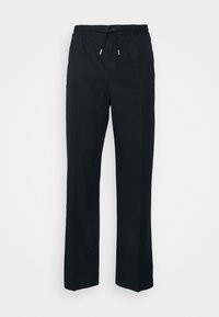 Pantalon noir en tissu tissé, doté d'une taille élastique avec cordon de serrage, et d'une coupe droite. Sans poches visibles ni motifs.