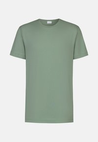 T-shirt en coton vert clair avec col rond, manches courtes et texture lisse. Aucun motif ni accent visible. Design simple.
