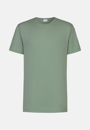 Lichtgroen katoenen T-shirt met ronde hals, korte mouwen en een gladde textuur. Geen patronen of accenten zichtbaar. Eenvoudig ontwerp.