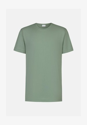 Lichtgroen katoenen T-shirt met ronde hals, korte mouwen en een gladde textuur. Geen patronen of accenten zichtbaar. Eenvoudig ontwerp.