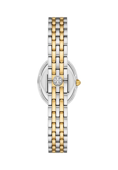 Bracelet de montre en métal bicolore argent et or avec fermoir ovale présentant un emblème rond centré, photographié de dessus sur fond blanc.