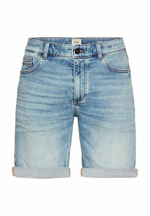 Jeansshorts in einer hellen Waschung mit einem verwaschenen Finish, ausgestattet mit einem Knopfverschluss, fünf Taschen und umgeschlagenen Säumen.