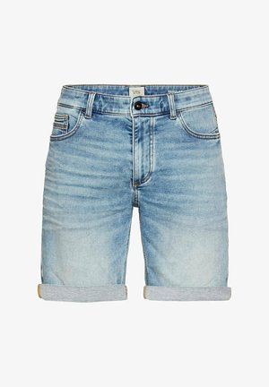 Denim shorts i en lys vask med en falmet finish, der har en knaplukning, fem lommer og opfoldede manchetter.