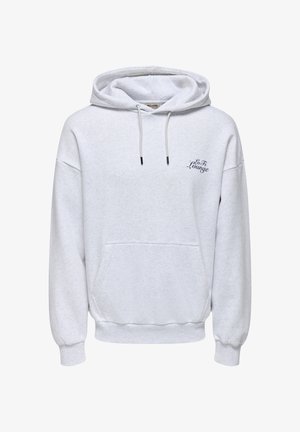 Sudadera gris de tela suave con un bolsillo frontal, cordones ajustables y "Lo Fi Lounge" bordado en azul oscuro.