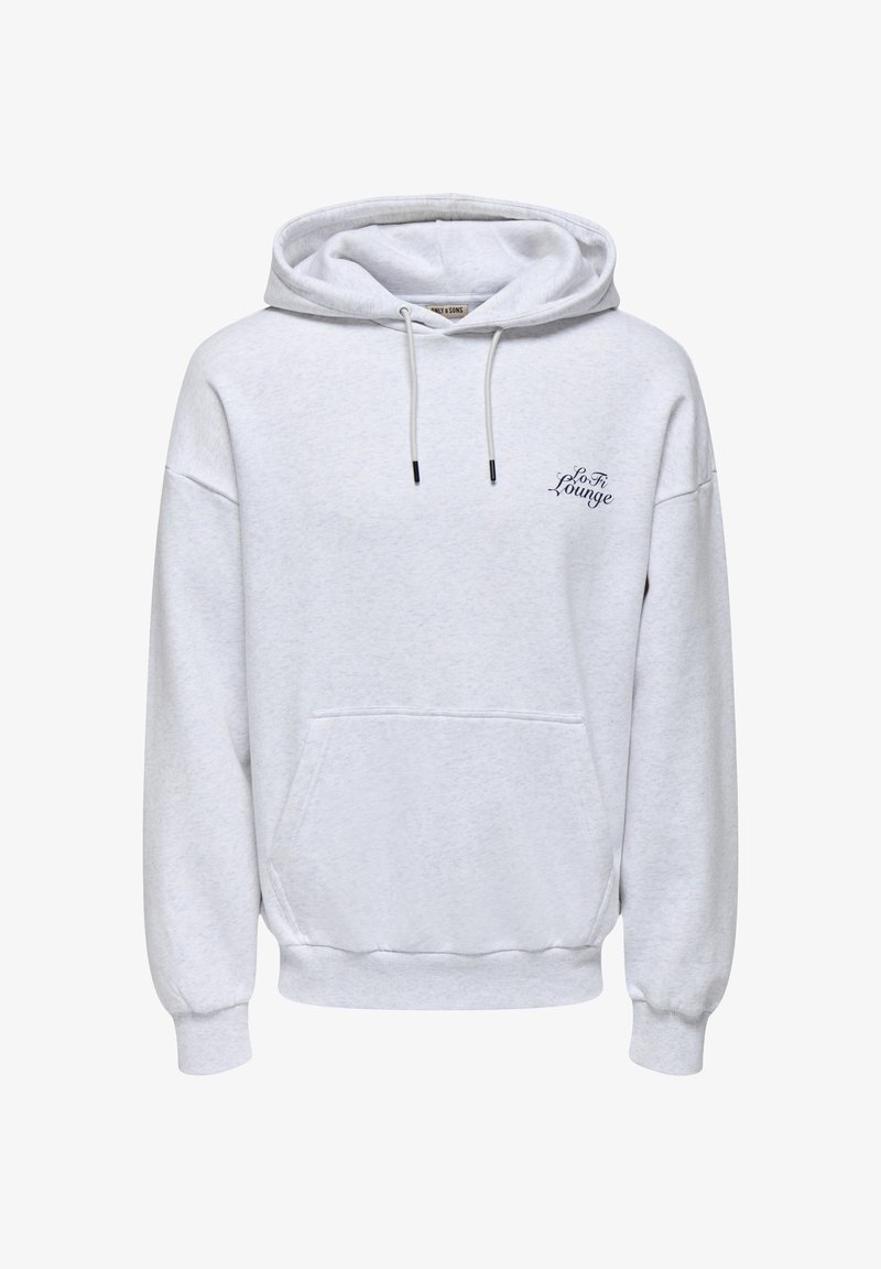 Felpa grigia in morbido tessuto con tasca frontale, cordini regolabili e "Lo Fi Lounge" ricamato in blu scuro.