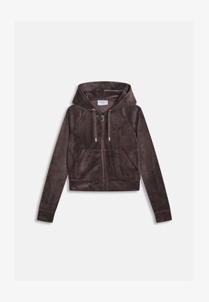 Brauner Velours-Zip-Hoodie mit einer verstellbaren Kapuze, Vordertaschen und gesticktem Logo. Hat ein verkürztes Design und eine weiche Textur.