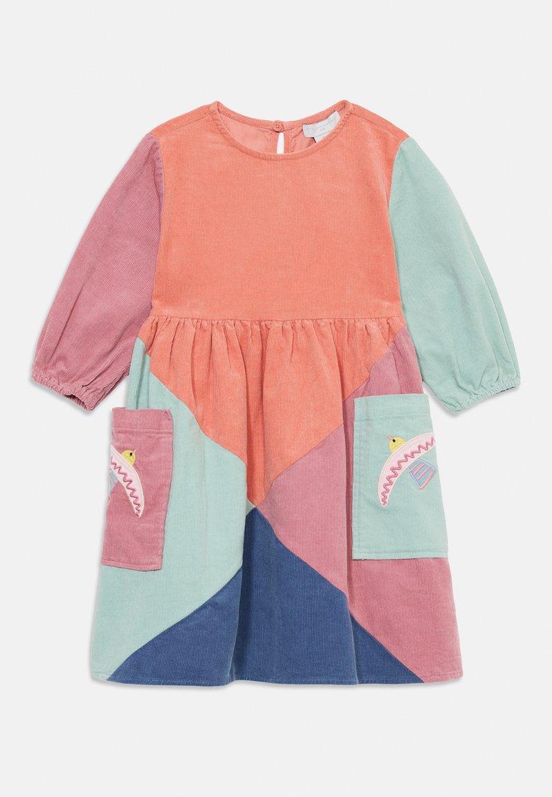 Corduroy dress with long sleeves, featuring a color-blocked design in pink, blue, and green, and two front pockets with embroidered details.