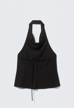 Haut noir sans manches à col licou avec une taille cintrée par un lien, un décolleté en V à l'avant et un ourlet inférieur fluide.