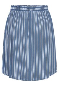 Modrá pruhovaná sukně s uvolněným střihem, s vertikálními bílými pruhy, elastickým pasem a lehkým textilním materiálem.