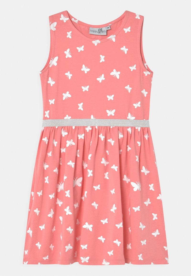 Korálové šaty s bílým potiskem motýlů, bez rukávů, kulatým výstřihem a stříbrným elastickým páskem; vyrobené z měkké, lehké látky.