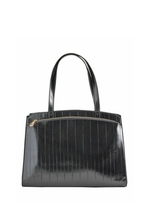 Sac à main noir brillant avec fines rayures verticales, deux bretelles et une poche zippée dorée à l'avant.