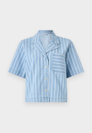 Cămașă scurtă cu mânecă scurtă, în dungi albastre, cu guler, închidere cu nasturi și un buzunar pe piept. Fabricată dintr-un material denim ușor.