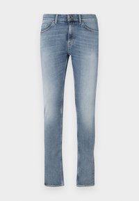 Světle modré slim-fit džíny s předním zapín�áním na knoflík a zip, pěti kapsami a jemným zesvětlením na stehnech a kolenou.