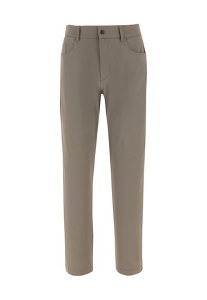 Hellbraune Hose aus glattem Stoff mit geradem Bein, zwei vorderen Taschen und einem Knopfverschluss im Bund.