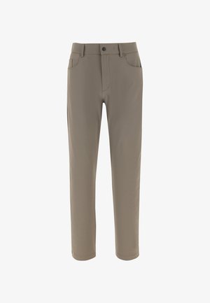 Lichtbruine broek van gladde stof, met een rechte pijp, twee voorzakken en een knoopsluiting in de tailleband.