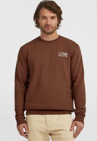 Bruine sweatshirt met een ronde halslijn, geribbelde manchetten en zoom. Bevat een wit logo op de linkerkant van de borst. Soepele textuur, casual pasvorm.